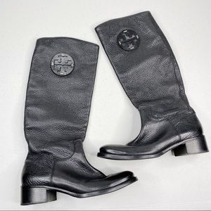 Tory Burch Riding Boots Pebbled Black Leather 5M